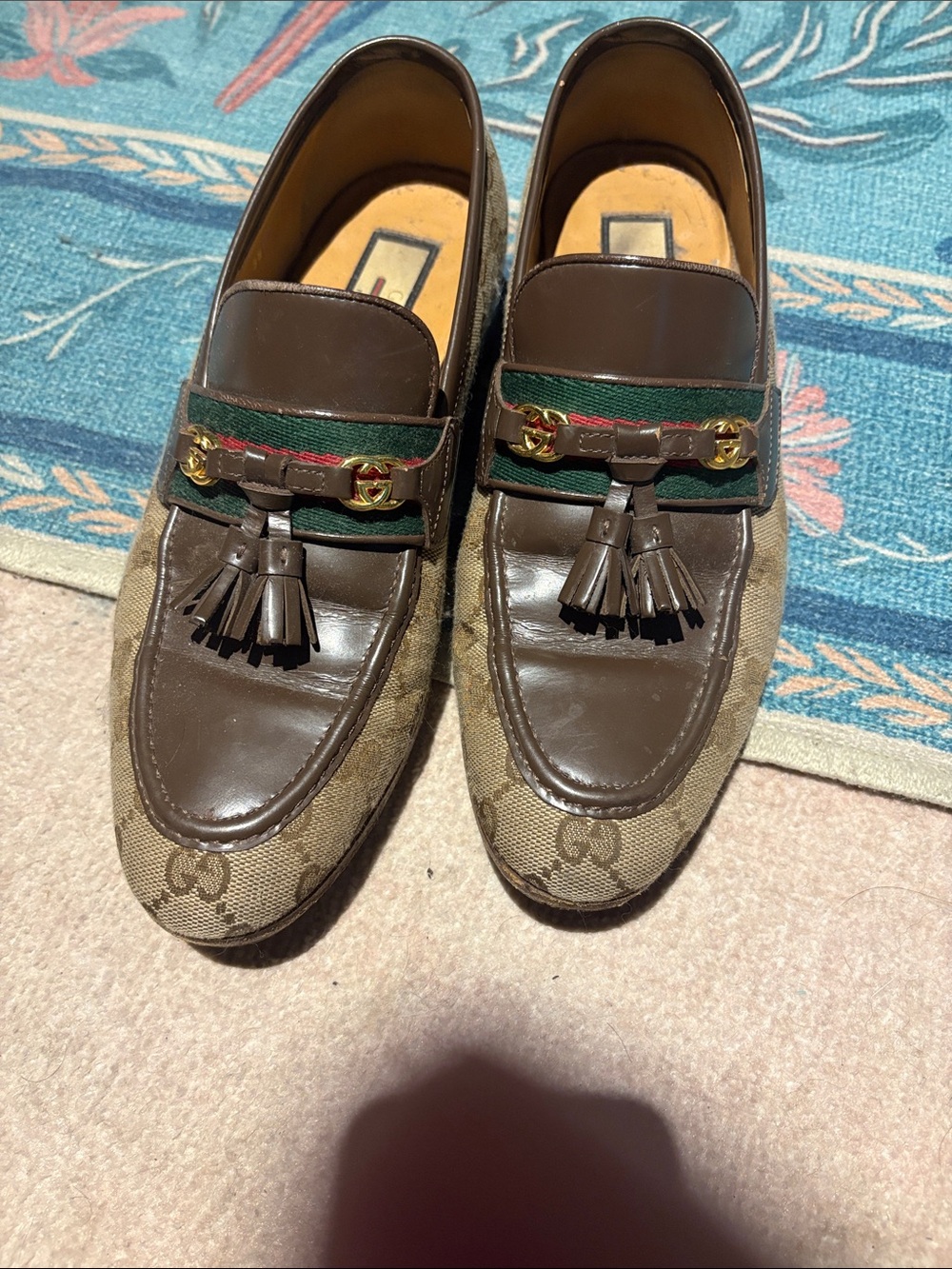 Gucci Brown Leather & Monogram Tassel Loafers with Green-Red Web
